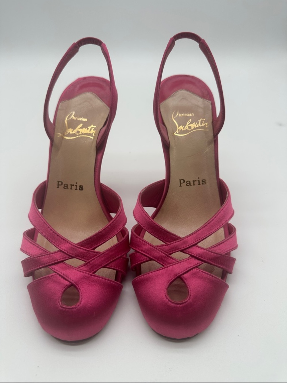 Christian Louboutin Satin Crisscross Slingback Heels in Fuchsia Pink